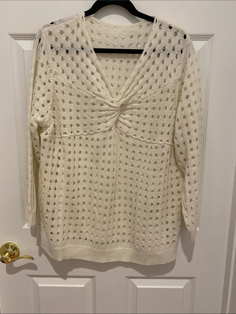 BloomChic Cream Open-Knit V-Neck Twist-Front Sweater